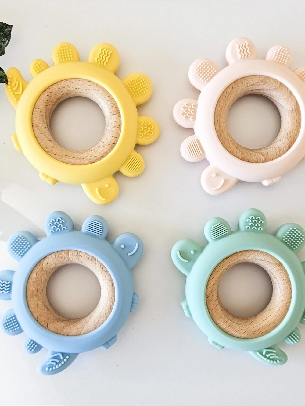 Silicone & Wood Turtle Teether Ring - Mint and Light Blue (Set of 2)